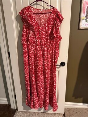 Amazon Red Floral Maxi Dress with Ruffles